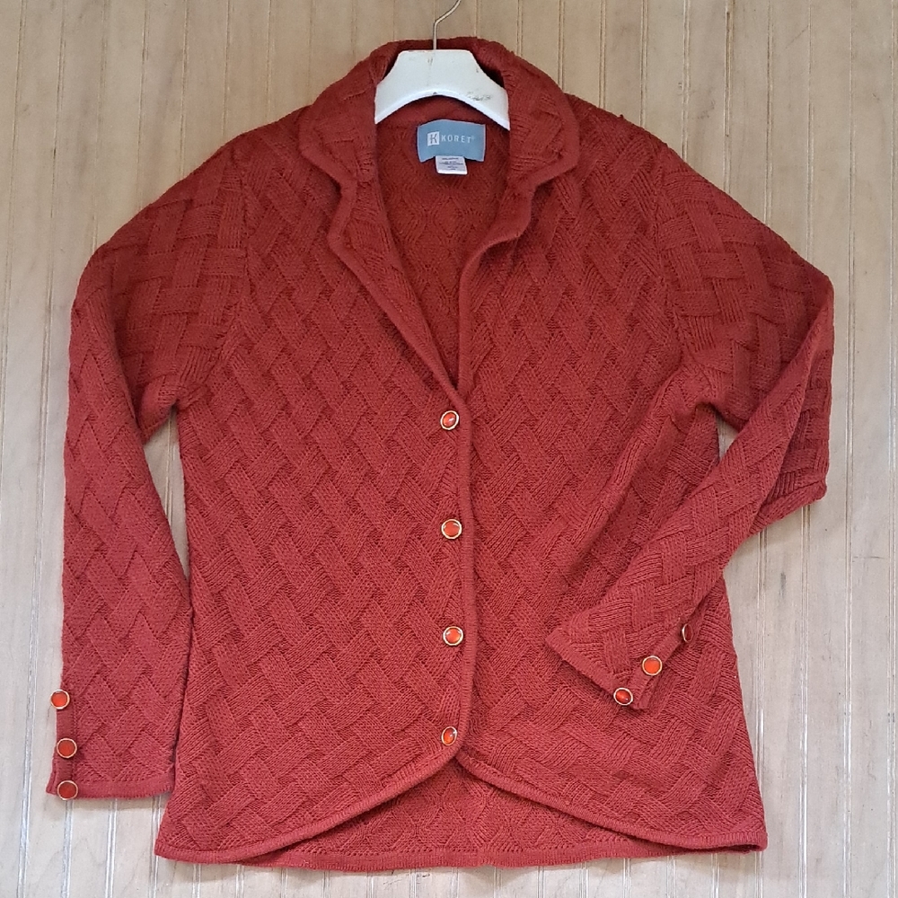 Koret Rust Red Textured Knit Woven Granny Comfy Cardigan Jacket Button Front - Picture 1 of 10